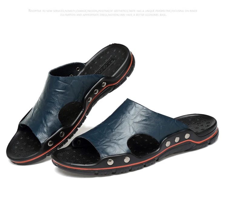 Мужские шлепанцы из натуральной кожи с открытым носком и заклепками в британском стиле, новинка 2019, летние пляжные туфли на плоской