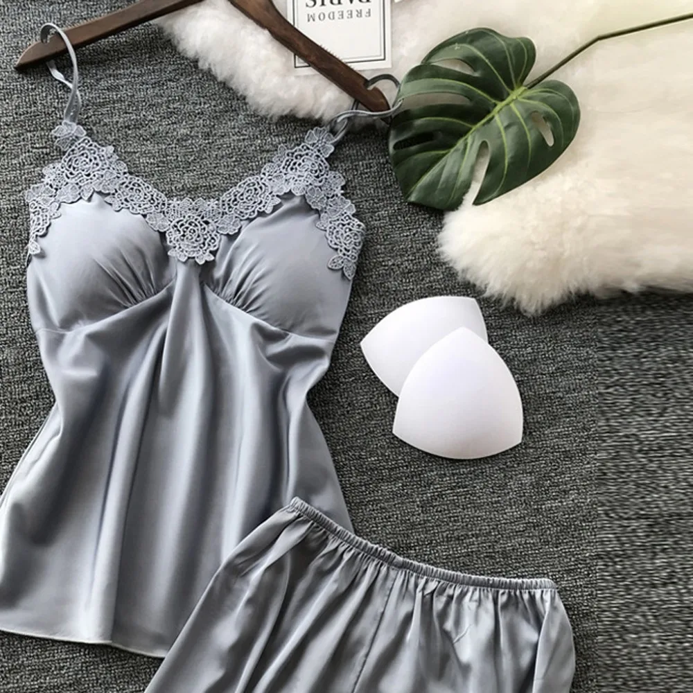 Lady Sexy Satin Night Robe Dress Lace Strap Shirt&Shorts 2PCS Sleep Suit Sleepwear Nightwear Sling Lingerie Underwear Set