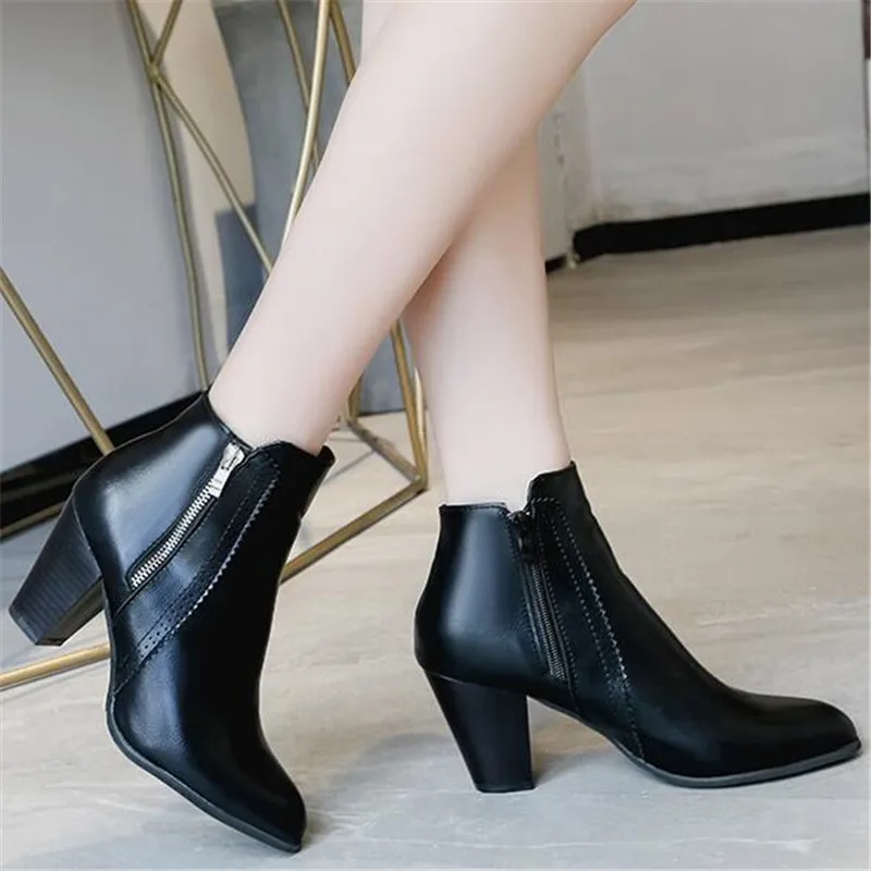 

Spring Autumn Women Chelsea Boots Short Plush Square Heels Ankle Boots Round Toe Zippers Ladies Shoes Size 35-43 black brown