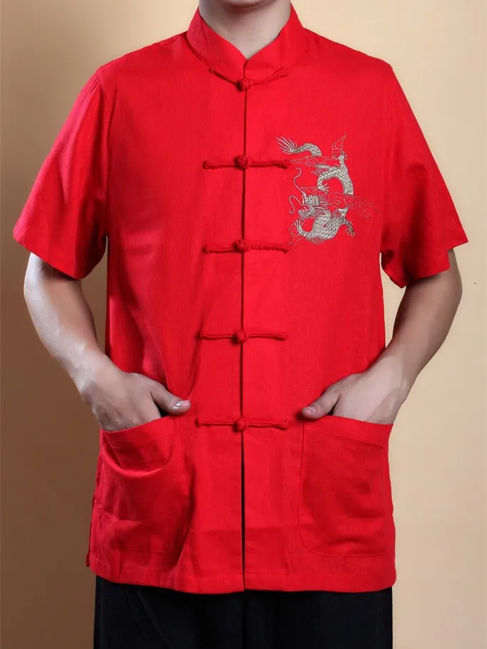 Лидер продаж красный Винтаж китайский Стиль Для мужчин кунг-фу Рубашка с хлопком Hombre Camisa короткий рукав Размеры S M L XL XXL XXXL 2999-5