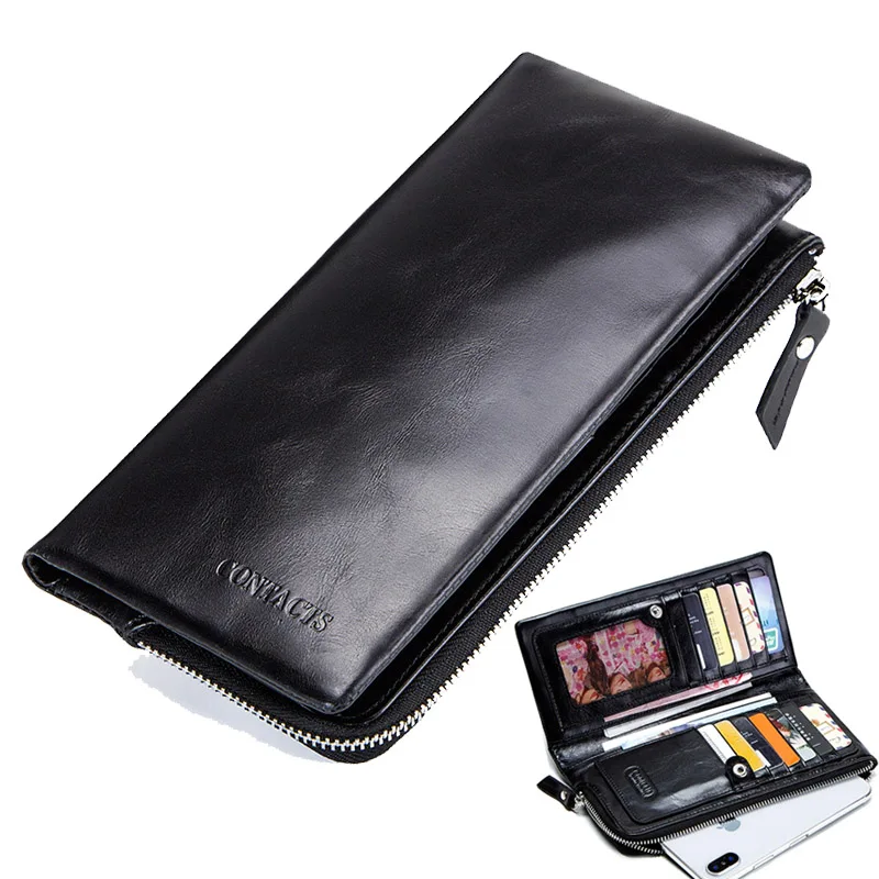 CONTACT'S Мужской кошелек- портмоне черного цвета, из натуральной кожи небольшой кошелек для кошельков двойная конструкция - Цвет: long