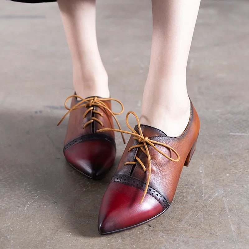 

Genuine Leather Women Pumps Pointed Toe 4 CM High Heels Brogue Shoes For Women Autumn 2018 Lace Up Shoes Handmade Leather Pump