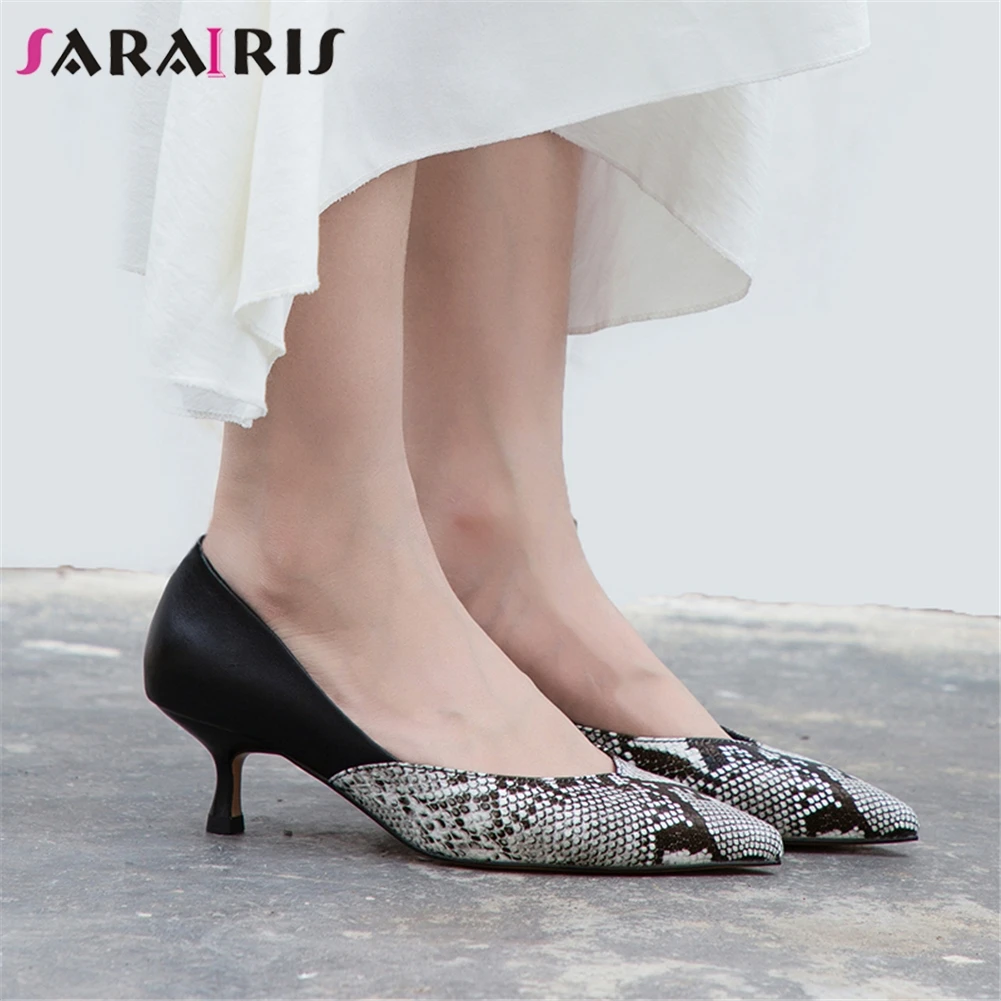 

SARAIRIS Fashion New Hot Genuine Leather Pointed Toe Party Pumps Woman Shoes Slip On Strange Style Mix Color Shoes Woman Pumps