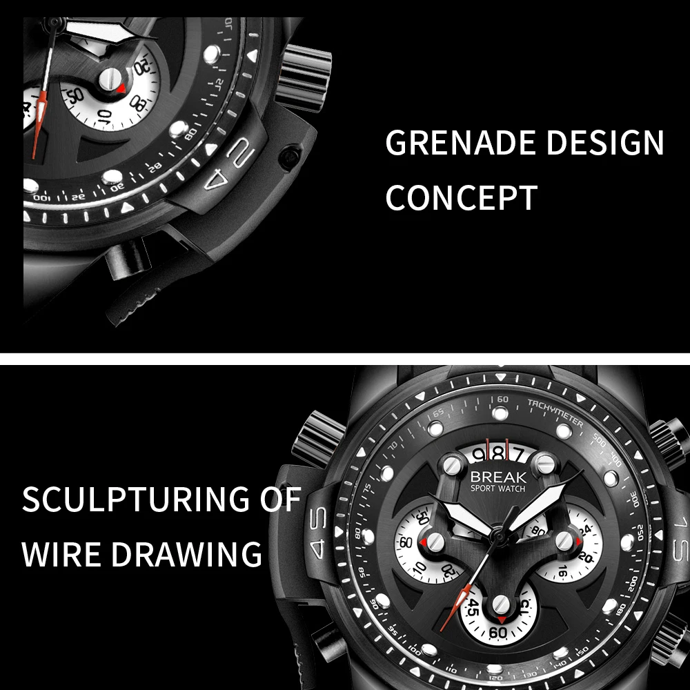 BREAK Men Luxury Brand Man Sports Watch Quartz Military Wristwatch Black Silicone Multifunction Chr