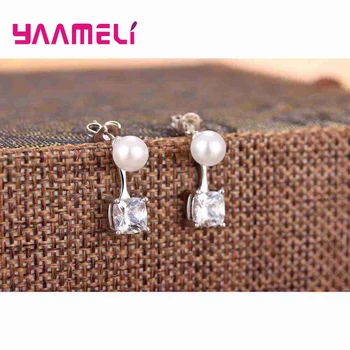 

Trendy Elegant Created Big Square Drop Earrings 925 Sterling Silver Pearls String Statement Dangle Earrings For Wedding