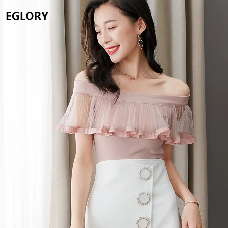

Women's Clothing Sweaters 2019 Summer Casual Pullovers Ladies Ruffle Patchwork Sexy Off Shoulder Tops White Pink Black Knitwear