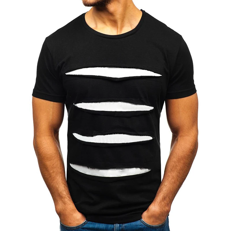 

2019 Summer Cotton T Shirt Men Fashion Hole Short Sleeve T-shirt Solid Slim Fit O Neck Tops Casual Tshirt DropShipping