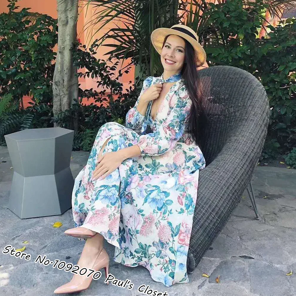 Women Cream Floral Plunge Long Dress With Removable Neck Tie Linen Dress