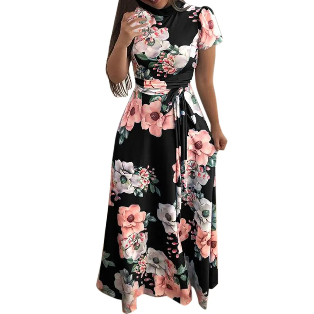 Plus Size Maxi Dress Summer Fashion Turtleneck Short Sleeve Floral Print High Waist Lace Up Belts Long Sundress Vestidos Mujer