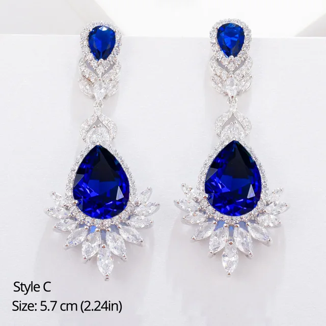 BeaQueen Leaf Flower Teardrop Cubic Zircon Royal Jewellery Big Dark Blue CZ Crystal Long Dangle Wedding Earrings for Women E293 Style C