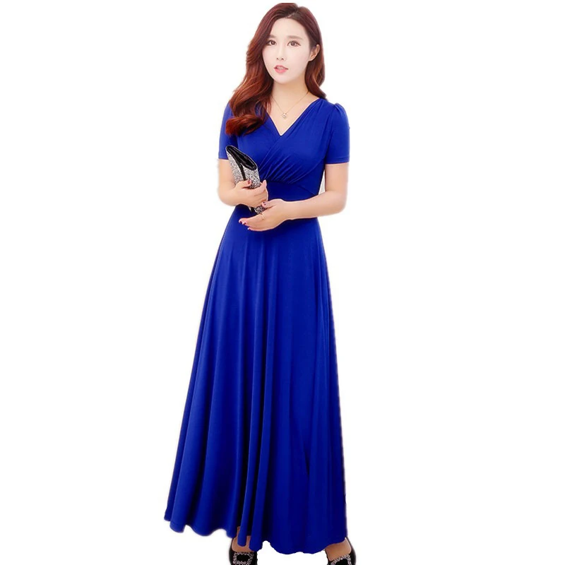New Slim V neck Women Summer Dress 2018 Royal Blue Casual Dress Women Maxi Dresses Plus Size
