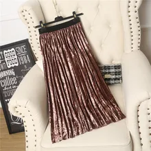 Осень; женщины; бархат плиссированная длинная юбка; Сезон Зима; модные Винтаж Высокая Талия однотонные Цвет, подходит ко всему, с металлическим блеском Юбка элегантная D117