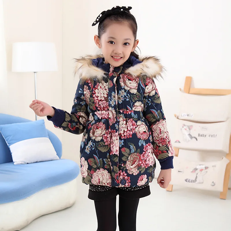 

HSSCZL girls jacket 2019 new winter thicker hooded cotton kids girl coat outerwear flower children clothing girl clothes 4-14Y
