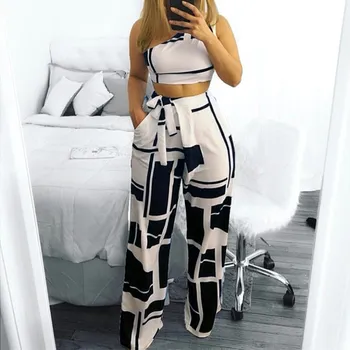 

Women Fashion Colorblock Belted Crop Top&Pants Two Piece Suits One Shoulder Cropped High Waist Wide Leg Pants Set