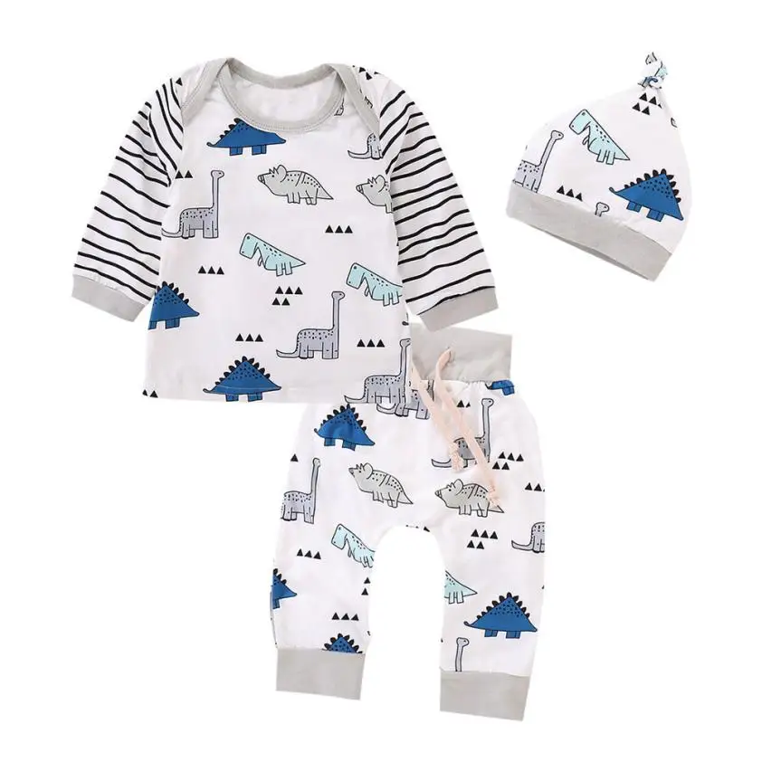 

Baby Girl Boy Clothes Newborn Winter Set Striped Tops+Cartoon Dinosaur Pants Cap Baby Clothes 18Jul28