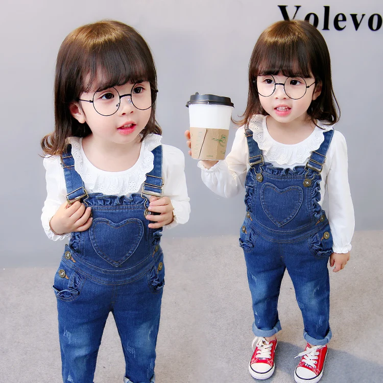 

spring new fashion girls Jeans bottoms baby lacework pants overall child loving heart trousers children suspender trousers