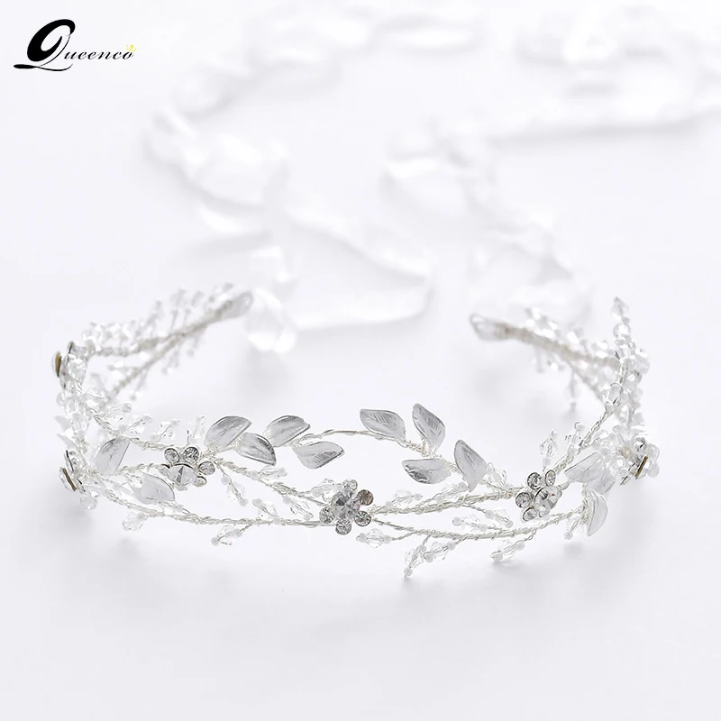 

Silver Leaves Bridal Headbands Pearl Tiara Women Headpiece Wedding Hair Accessories Girl's Floral Party Headdress Headware