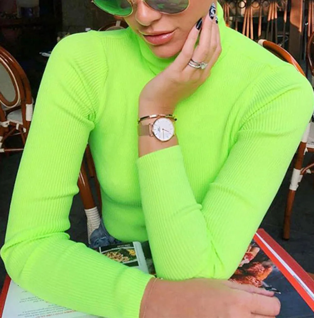 

Women Sexy Neon Tops Solid Long Sleeve Turtle Neck Vintage Streetwear Casual Harajuku T-Shirt Fit club party night Tops Ropa#ss