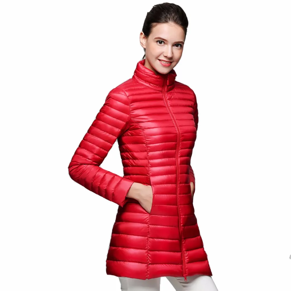 Зимнее женское пальто из 90% белого утиного пуха, теплая длинная куртка, осенняя Женская Ультралегкая пуховая куртка, тонкая однотонная парка с длинным рукавом 3XL 4XL