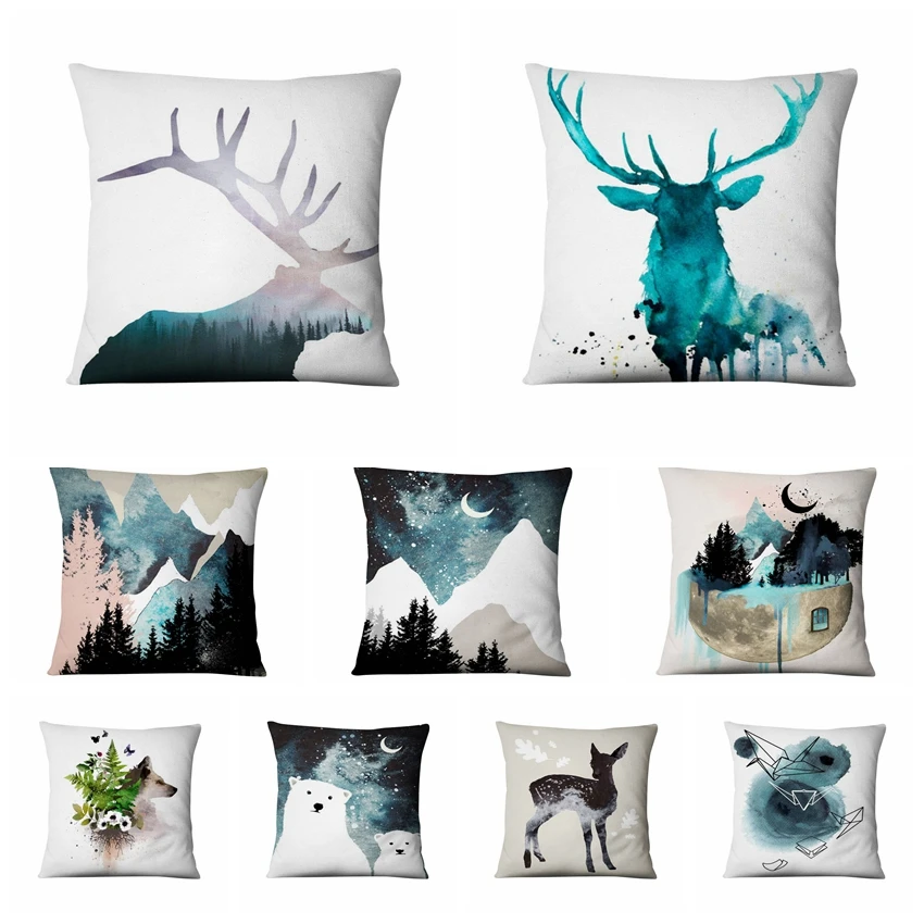 

Home Decoration Pillow Nordic Scandinavian Style Thin Linen Pillowcase Cold Mountain Deer Cushion Decorative Pillow 45*45cm