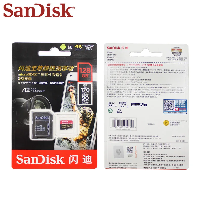 Sandisk Extreme PRO Card 64 Гб 128 ГБ макс Скорость чтения 170 МБ/с. A2 V30 Micro sd-карта Class 10 UHS-I U3 флеш-карты памяти TF