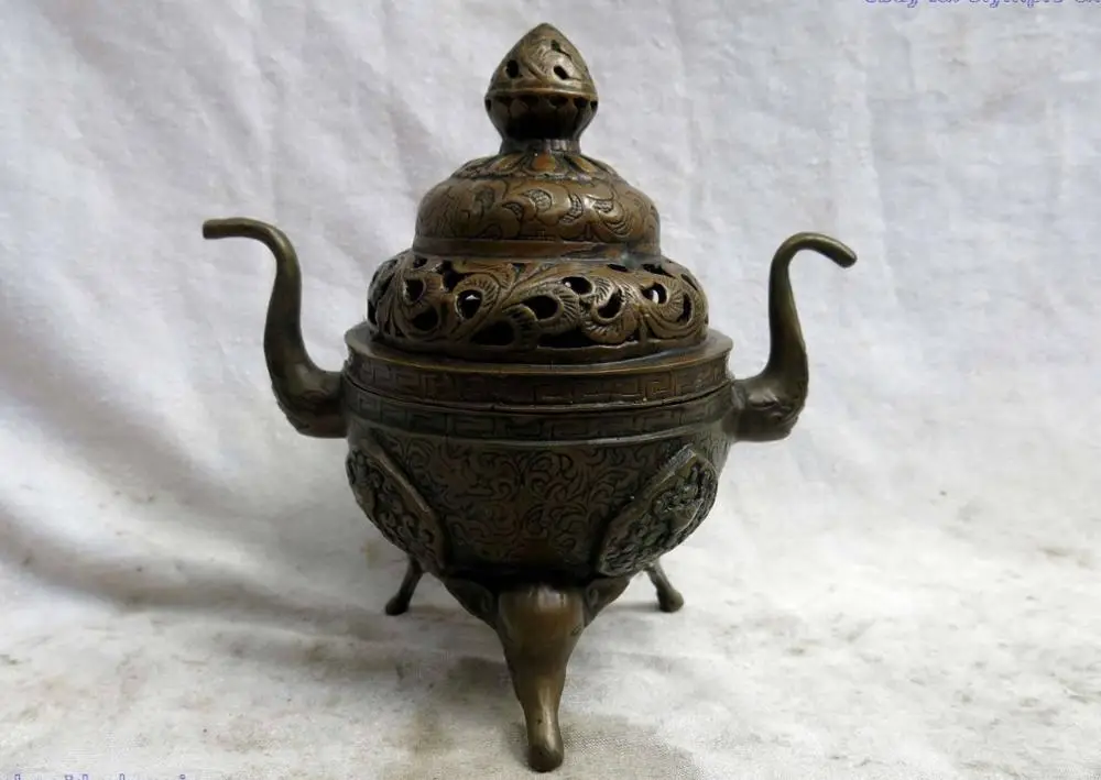 

6" China copper brass censer workmanship decorative pattern trunk incense burner