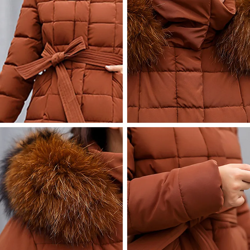 Модная зимняя женская куртка с большим меховым поясом, с капюшоном, толстая, новинка, пуховики, удлиненная женская куртка, пальто, тонкая теплая зимняя верхняя одежда
