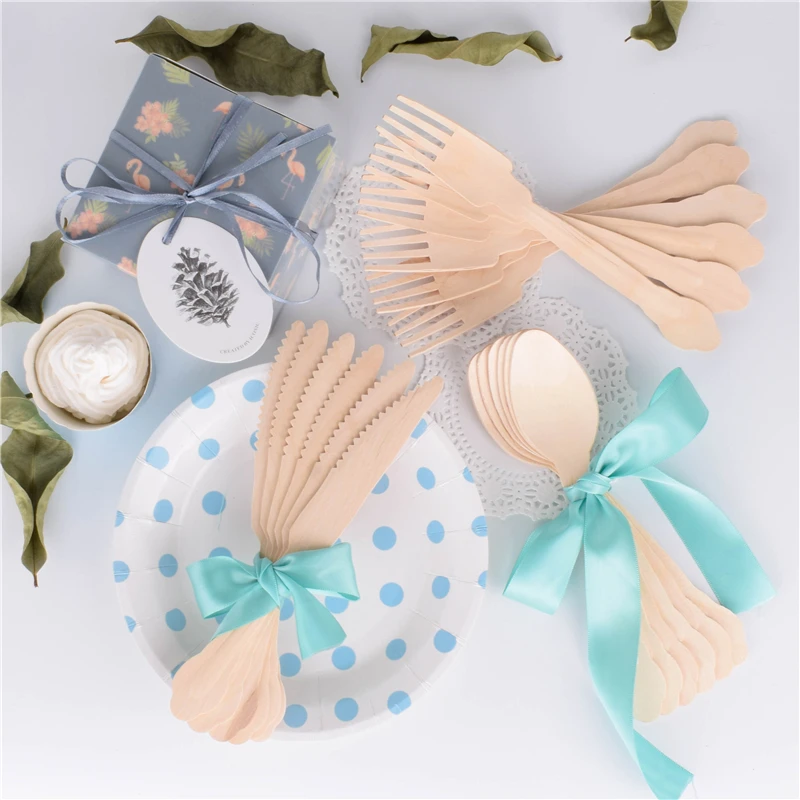 

12pcs Disposable Wooden Cutlery Eco Friendly Biodegradable Forks Spoons Knives Spades 20cm Disposable Wooden Utensils