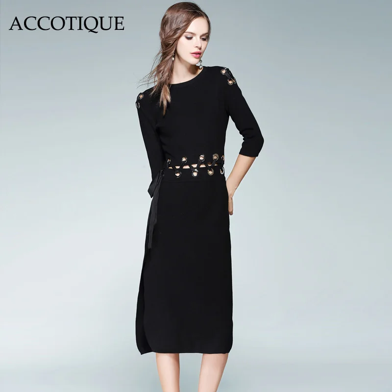 Новое осеннее женское черное платье до колен, женское модное тонкое платье с рукавом три четверти