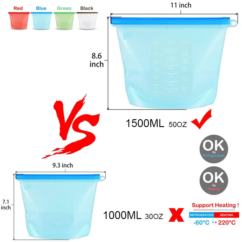 TEENRA 1500 мл многоразовый силикон свежие пакеты вакуумный упаковщик Фрукты Мясо молния силиконовые контейнеры для еды обертывание кухонные инструменты
