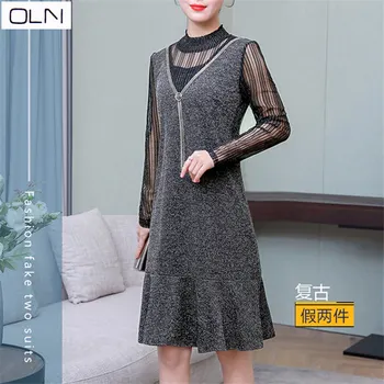 

Dress new arrival vestidos wholesale Hong Kong style new spring 2019 fake two-piece stitching retro dress knit dress