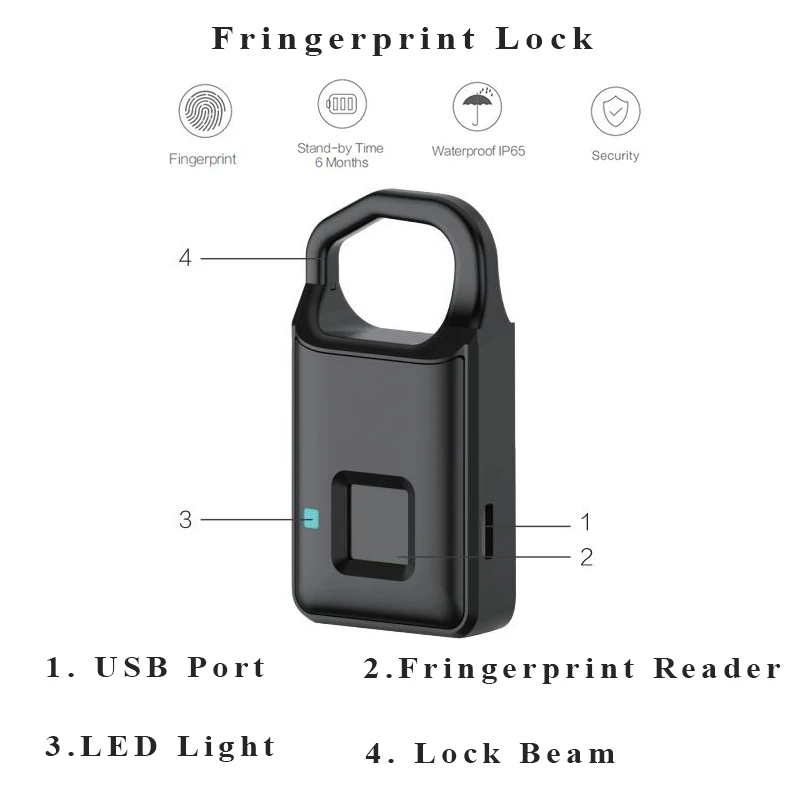 

Fingerprint door Lock P4 biometric door lock supports USB charge IP66 waterproof smart fingerprint padlock for case door luggage