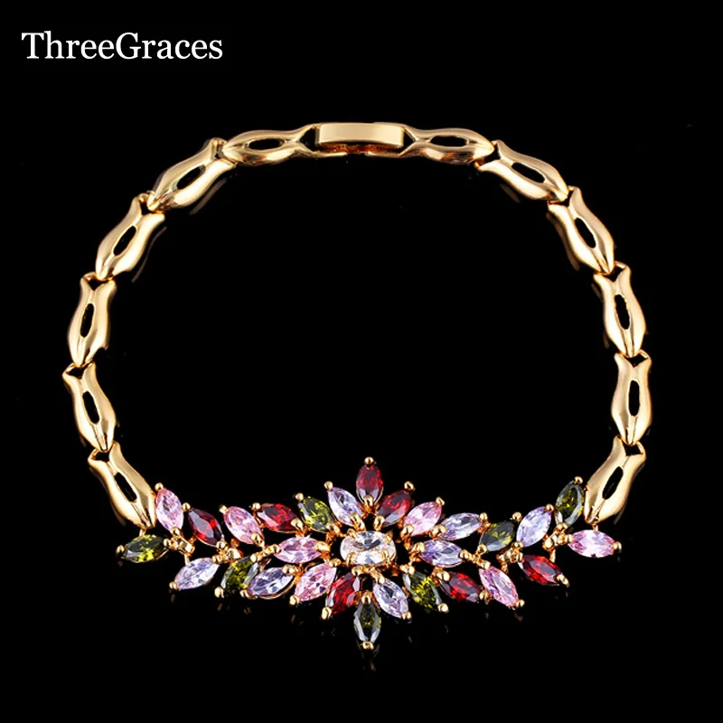 

ThreeGraces Summer Style Gold Color Chain Links Multi Color Cubic Zirconia Big Flower Bracelets & Bangles For Women BR034