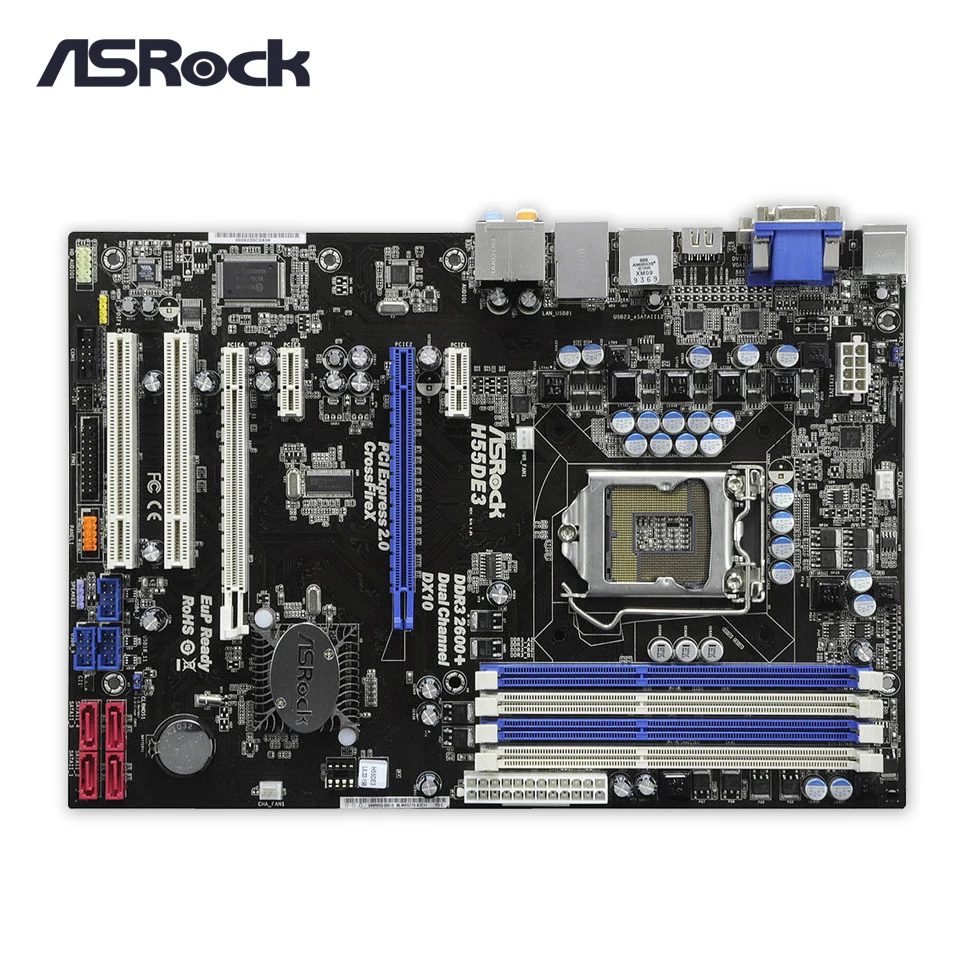 Original Asrock H55DE3 Desktop Motherboard H55 Socket LGA 1156 For i3 i5 i7 DDR3 16G SATA2 USB2.0 ATX 100% Fully Test h55 atx lga 1156 computer motherboard w vga usb 2 0 pci multicolored