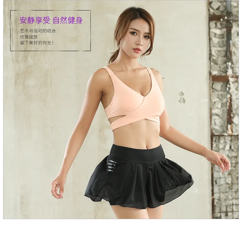 Summer Women Yoga Clothes Fake Two Piece Skirt Breathable Stretch Tennis Running Quick Dry Anti-light Skorts Badminton Shorts