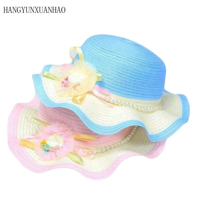 

2019 New Children Sun Hats Kids Outdoors visor Hat Summer Style Beach Wide Large Sun Cap Cute Breathable Pearl Straw Hat