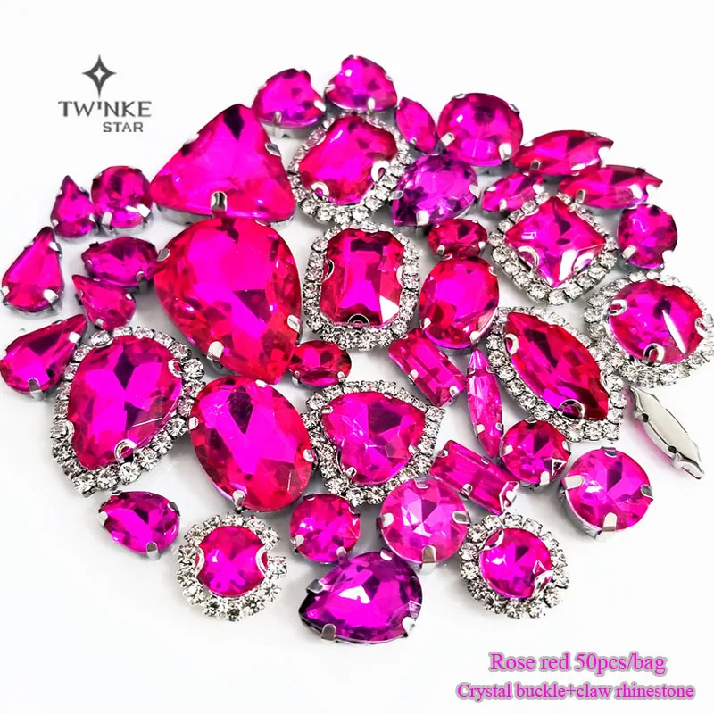 

Rose red color Mix size Crystal buckle+claw rhinestone,Silver base galss sew on stones diy/Clothing accessories 50pcs/pack