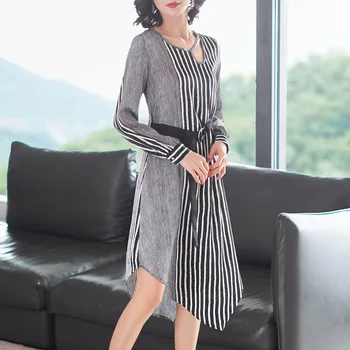 

Casual Dress 2019 Women's New Fashion Stripes Round Neck Long Sleeved Slim Belted Irregular Mid-Calf Dress Female Free Shipping