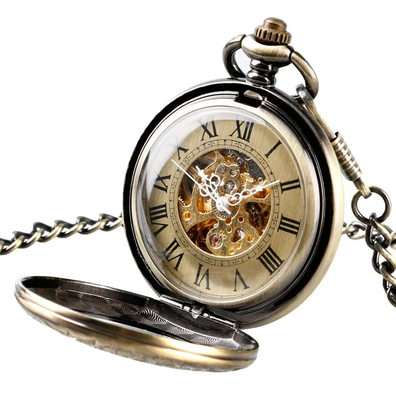 Luxury Bronze Roman Numerals Automatic Mechanical Pocket Watch Men Women Carving Retro Transparent Glass Cover Chain Gift pocket watch