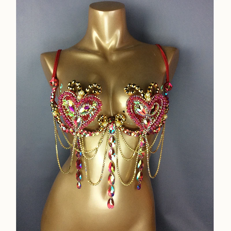 

New Samba Carnival Costume Top Bra Rainbow Pink & RED Stone Belly Dancing WIRE BRA FREE SHIPPING BB024