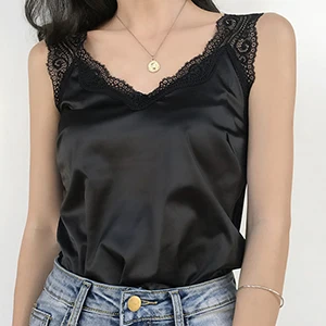 black tank top Женский сатиновый топ на бретелях, летний кружевной лоскутный Повседневный Топ на бретелях, одноцветная майка без рукавов, майка для фитнеса, Женская майка - Цвет: black tank top