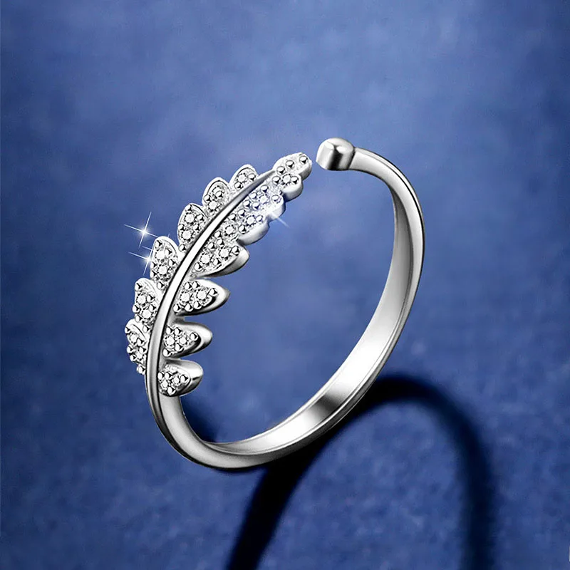 Sale Women Simple Open Design Leaf Feather Ring Personality Female Flower Rings Fashion Wedding Jewelry