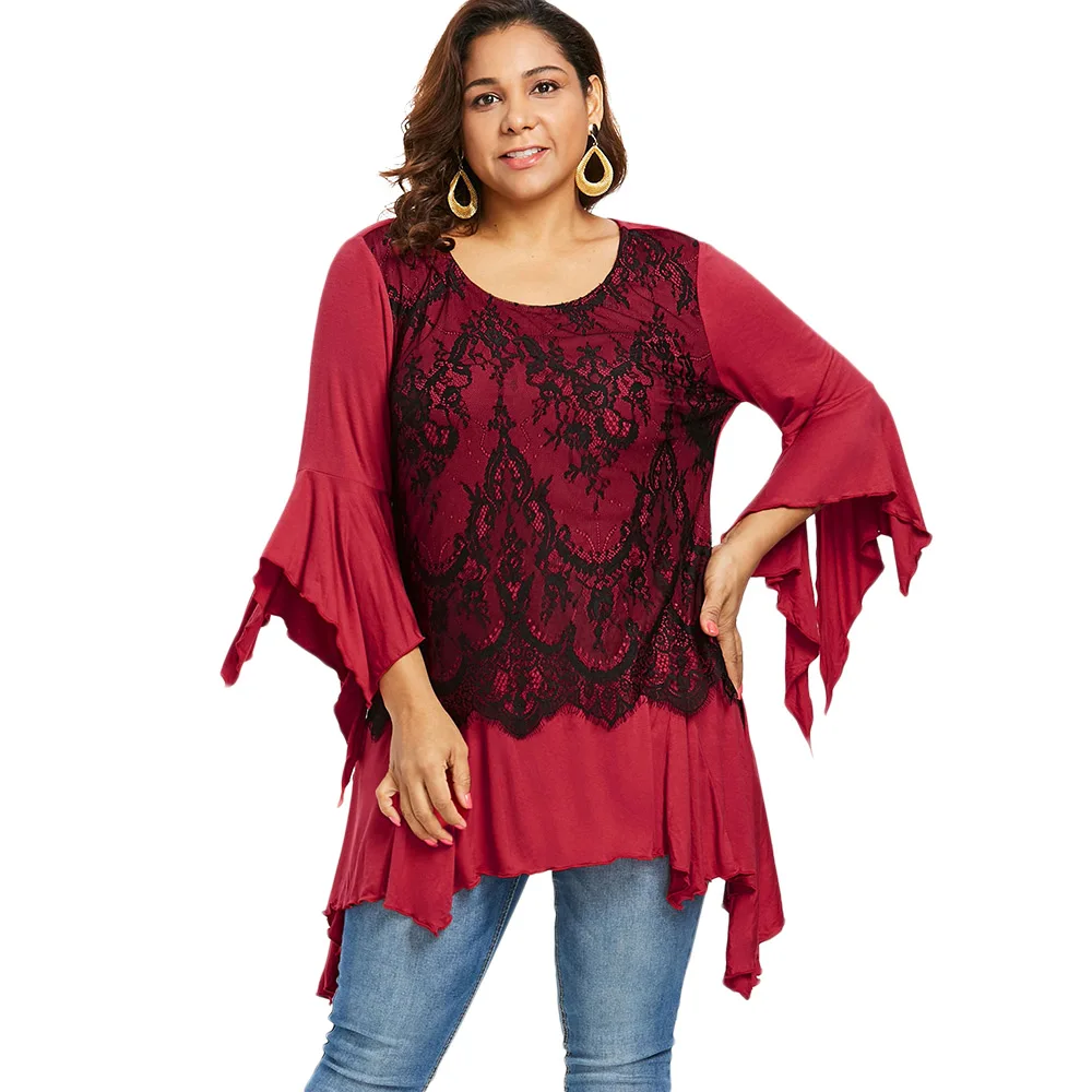 

Plus Size Flare Sleeve Lace Panel Asymmetrical T-Shirt Women New Round Neck Long Sleeve Fashion Poleras De Mujer Moda 2018 5XL