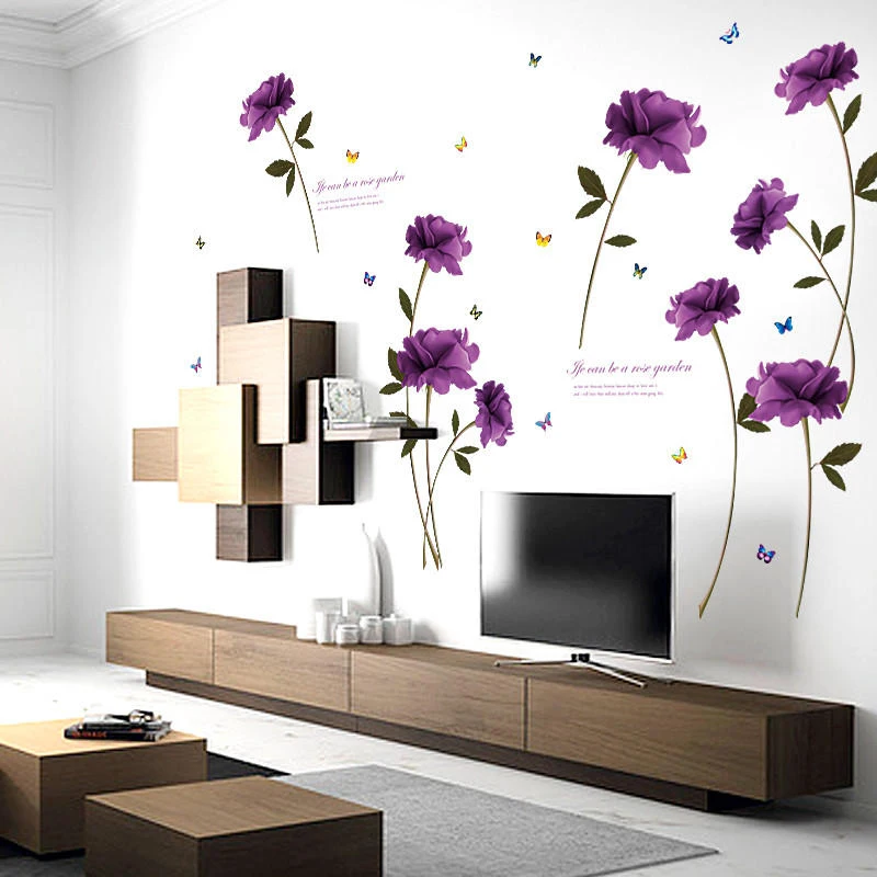 

90cm*60cm Home Decoration Beautiful Purple Rose Flower Wall Sticker Couple Bedroom Living Room Wallpaper DIY Mural Decals 8A0941