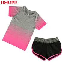 Umlife дышащая Спортивная футболка для Для женщин Градиент Цвет футболка с короткими рукавами эластичные Бег Топ Открытый Фитнес Йога одежда