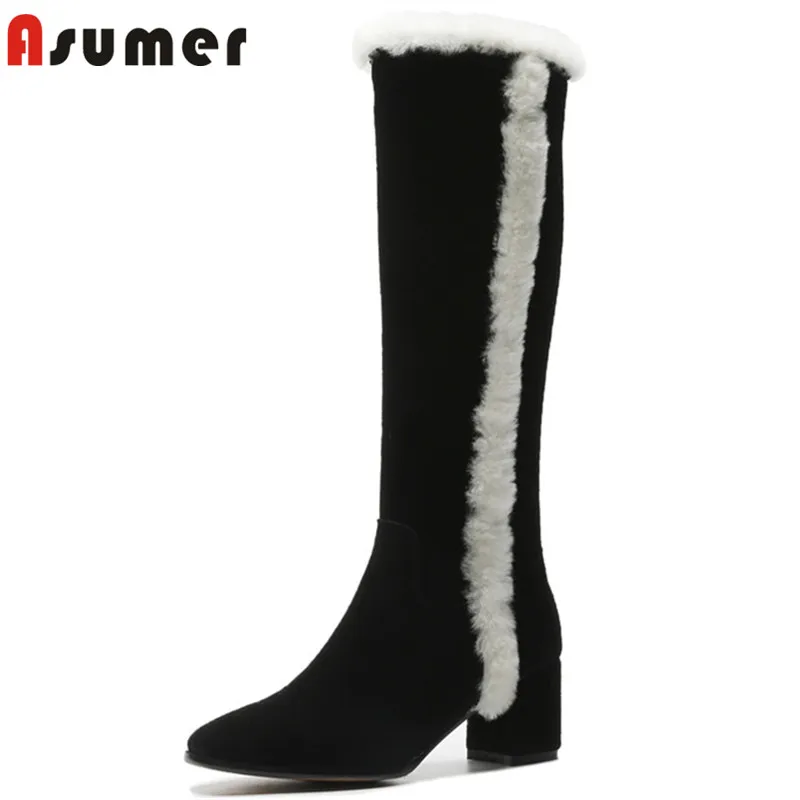 

ASUMER 2019 hot sale new knee high boots women square toe suede leather boots high heels shoes woman autumn winter boots women