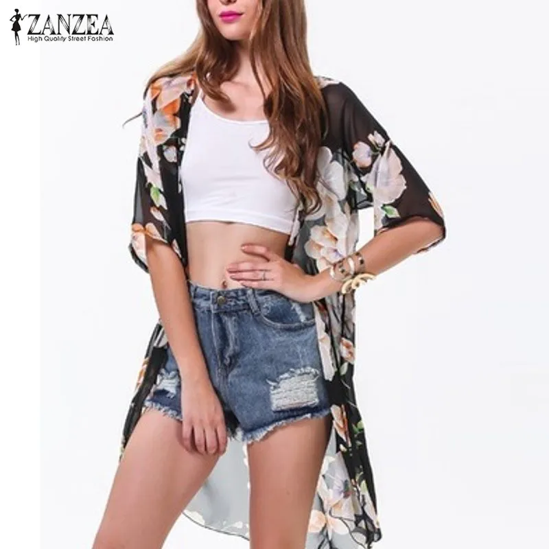 Summer Style 2018 Women Blusas Casual Loose Chiffon Blouse Shirts Bohemian Floral Printed Long Kimono Cardigan Outwear Plus Size