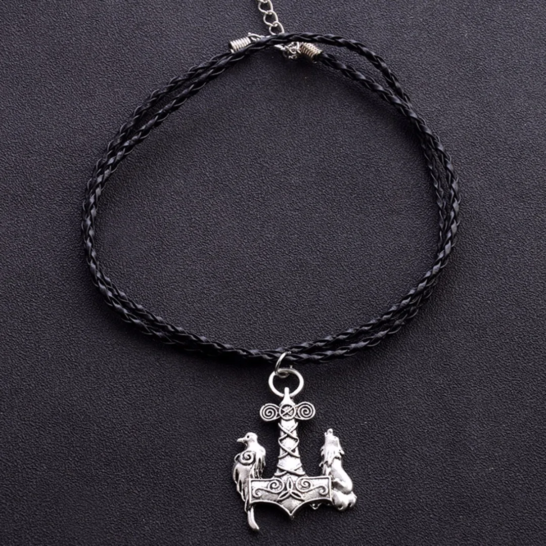 Nordic Viking Wolf & Raven Bird Ancient Jewelry Black Leather Necklace