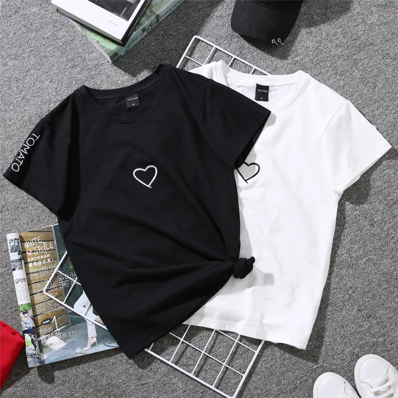 

TEAEGG Short sleeve T-shirt women girl 2018 New loose pattern joker white summer Solid color love simple Jacket WXD8049
