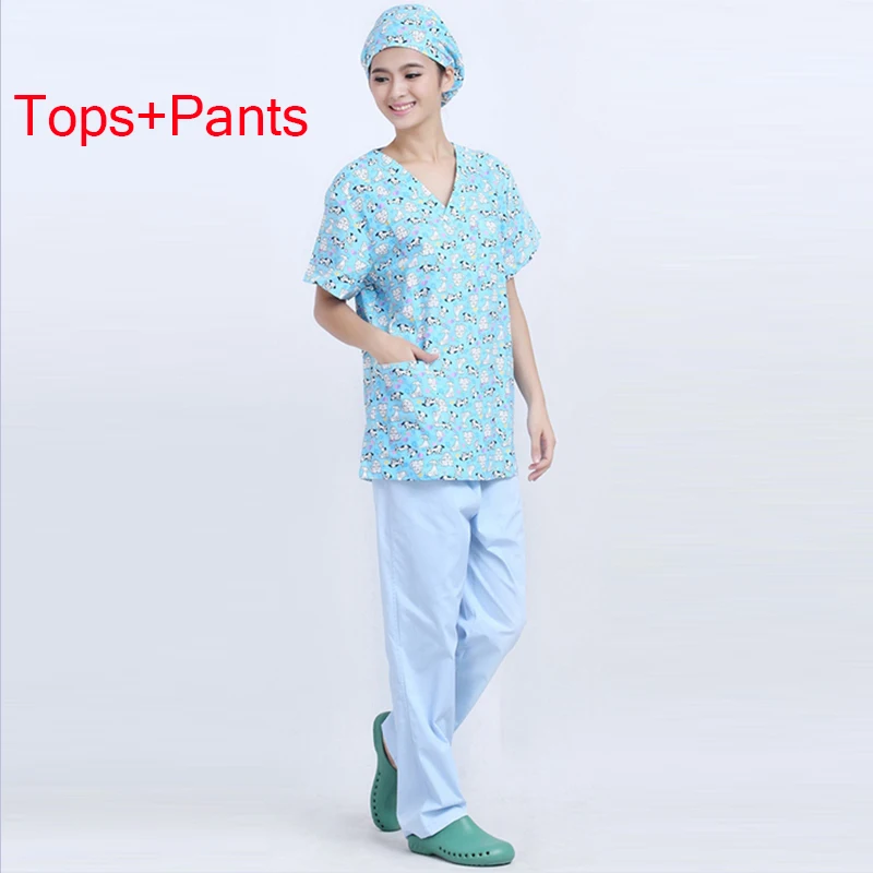 Dogs Printed Doctor Nurse Uniform Women Short-sleeve Scrub Sets Medical Uniform Hospital Dental Clinic Beauty Salon Workwear Set - Цвет: Tops Pants